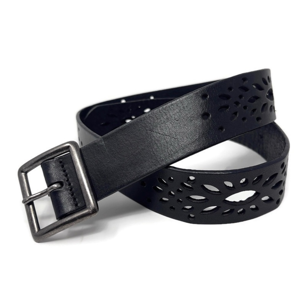 Express Black Cutout Leather Belt | Western Boho Laser Cut |‎ Silver Buckle